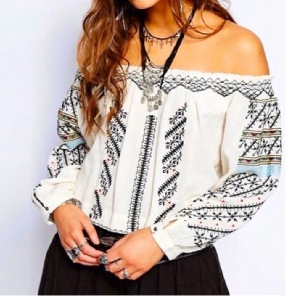 Free People All I Need Embroidered Crop Top White Blue XS